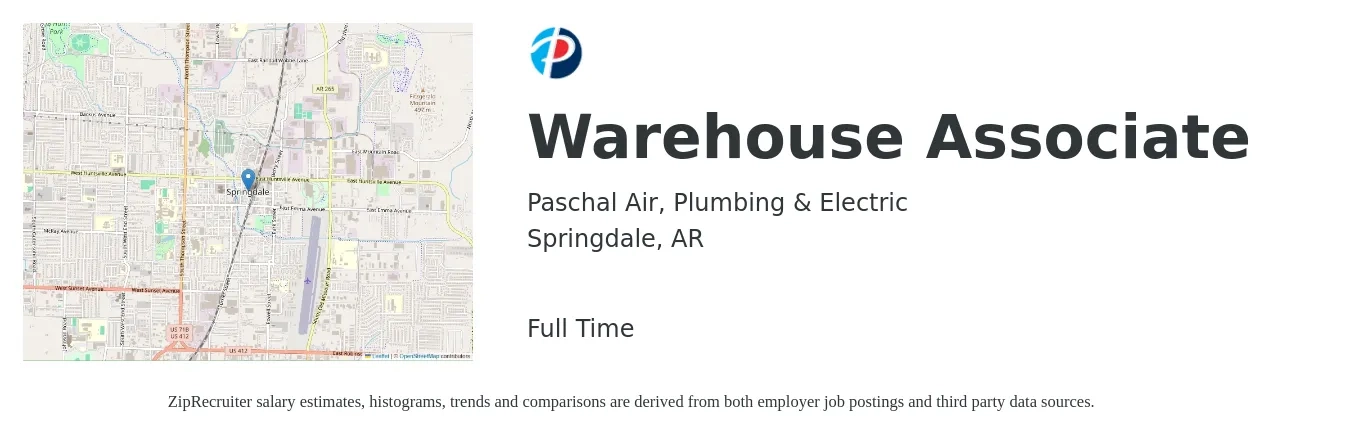 Paschal Air, Plumbing & Electric job posting for a Warehouse Associate in Springdale, AR with a salary of $14 to $17 Hourly with a map of Springdale location.