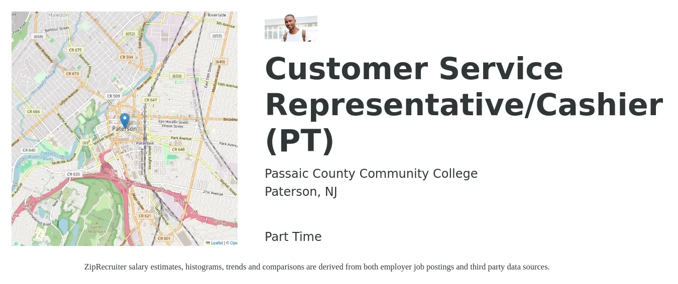 Passaic County Community College job posting for a Customer Service Representative/Cashier (PT) in Paterson, NJ with a salary of $16 to $22 Hourly with a map of Paterson location.