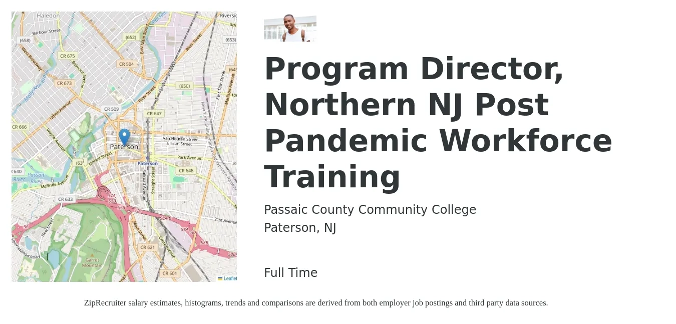 Passaic County Community College job posting for a Program Director, Northern NJ Post Pandemic Workforce Training in Paterson, NJ with a salary of $53,900 to $94,100 Yearly with a map of Paterson location.