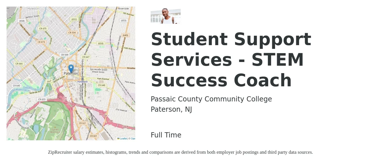 Passaic County Community College job posting for a Student Support Services - STEM Success Coach in Paterson, NJ with a salary of $37,100 to $52,900 Yearly with a map of Paterson location.