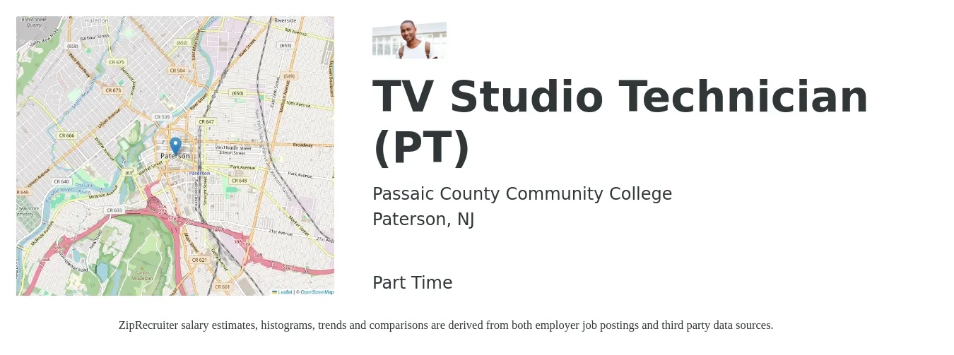 Passaic County Community College job posting for a TV Studio Technician (PT) in Paterson, NJ with a salary of $16 to $24 Hourly with a map of Paterson location.
