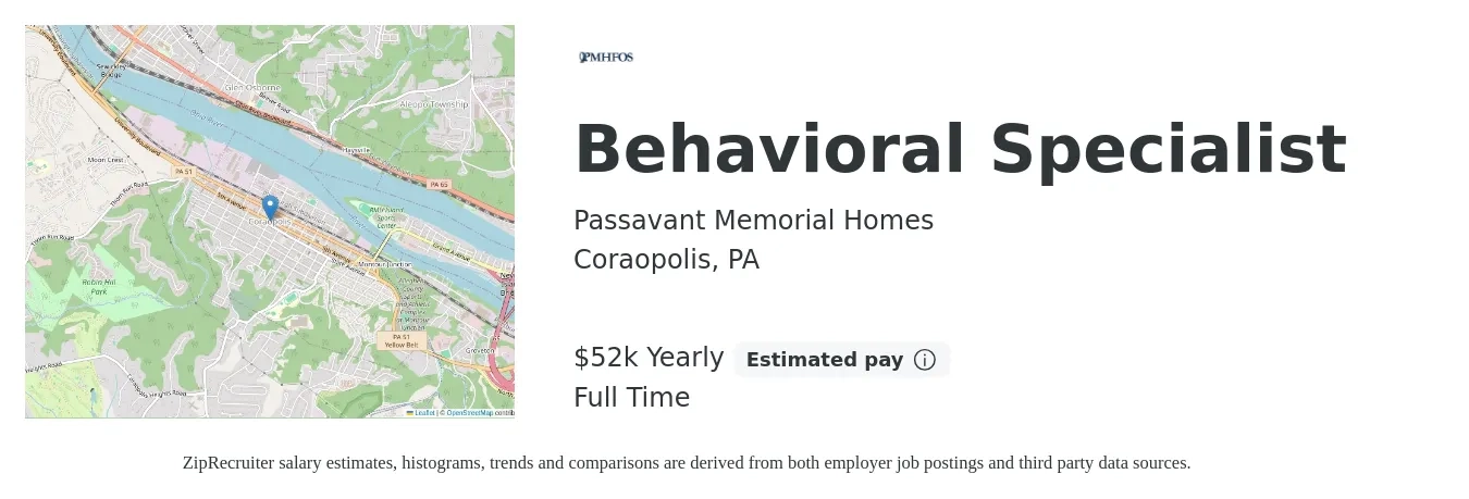 Passavant Memorial Homes job posting for a Behavioral Specialist in Coraopolis, PA with a salary of $52,000 Yearly with a map of Coraopolis location.