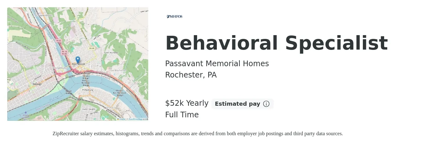Passavant Memorial Homes job posting for a Behavioral Specialist in Rochester, PA with a salary of $52,000 Yearly with a map of Rochester location.