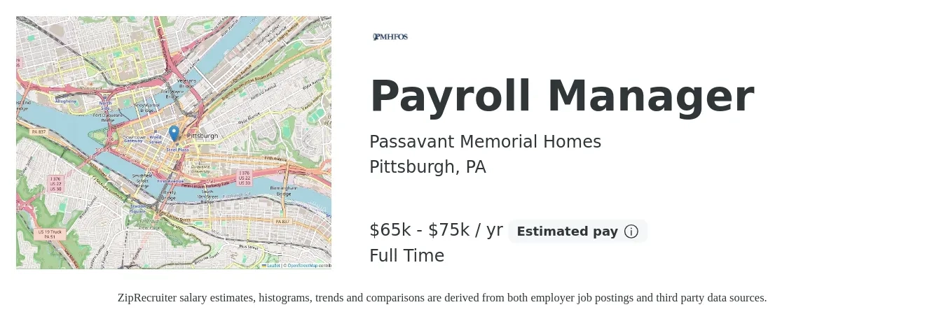 Passavant Memorial Homes job posting for a Payroll Manager in Pittsburgh, PA with a salary of $65,000 to $75,000 Yearly with a map of Pittsburgh location.
