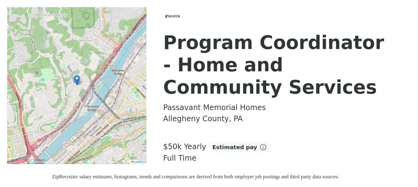 Passavant Memorial Homes job posting for a Program Coordinator - Home and Community Services in Allegheny County, PA with a salary of $40,800 to $60,200 Yearly with a map of Allegheny County location.