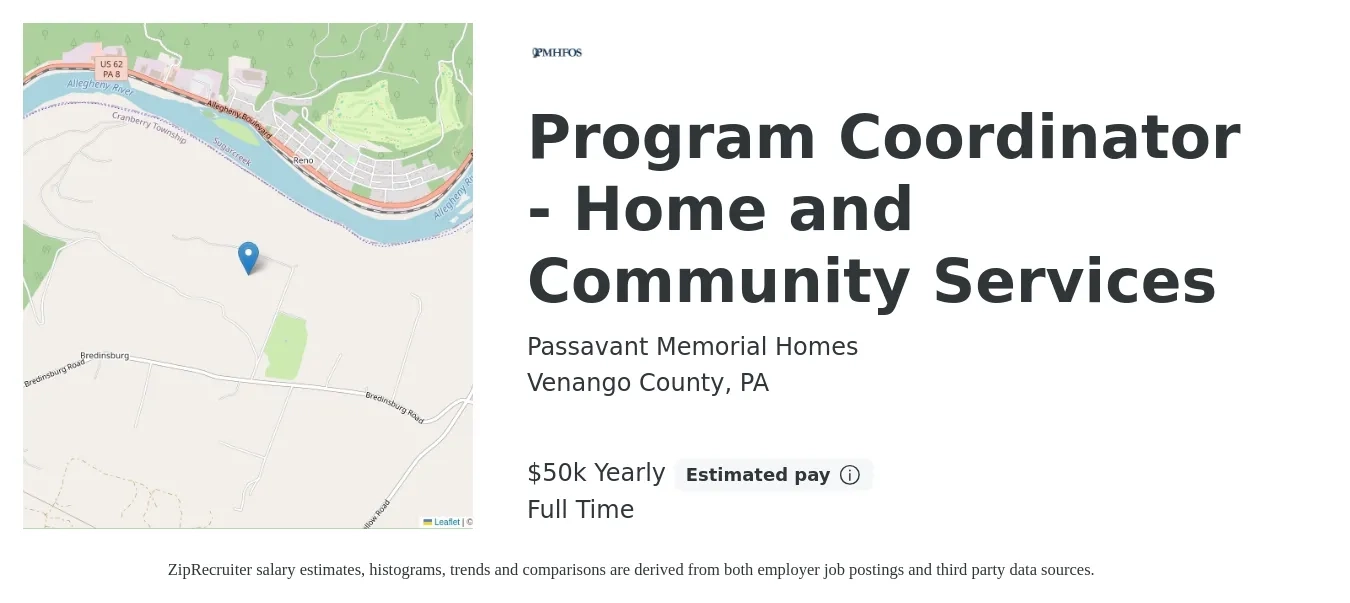 Passavant Memorial Homes job posting for a Program Coordinator - Home and Community Services in Venango County, PA with a salary of $39,400 to $58,200 Yearly with a map of Venango County location.