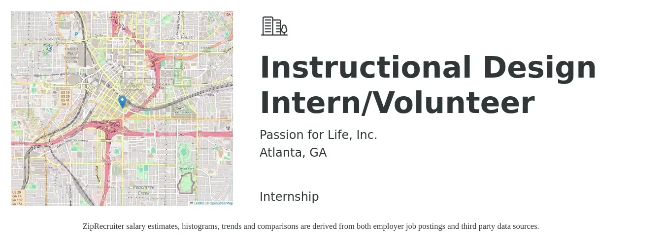 Passion for Life, Inc. job posting for a Instructional Design Intern/Volunteer in Atlanta, GA with a salary of $14 to $19 Hourly with a map of Atlanta location.