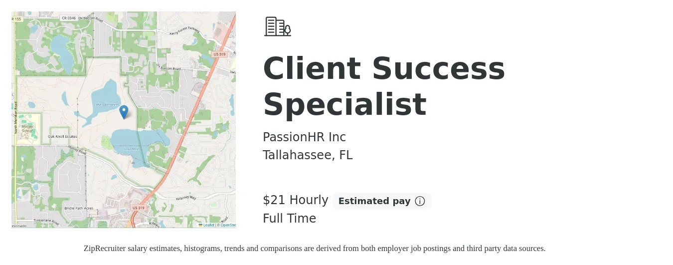 PassionHR Inc job posting for a Client Success Specialist in Tallahassee, FL with a salary of $22 Hourly with a map of Tallahassee location.