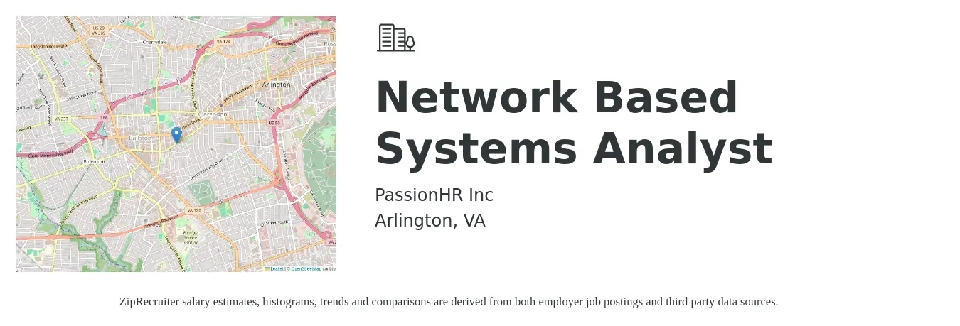 PassionHR Inc job posting for a Network Based Systems Analyst in Arlington, VA with a salary of $38 to $58 Hourly with a map of Arlington location.