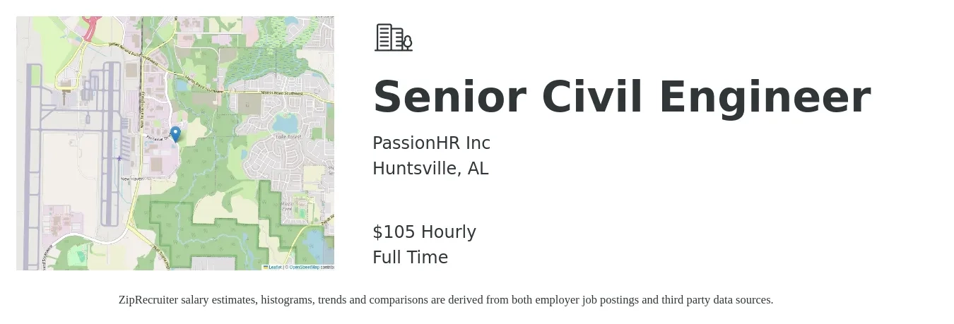 PassionHR Inc job posting for a Senior Civil Engineer in Huntsville, AL with a salary of $110 Hourly with a map of Huntsville location.