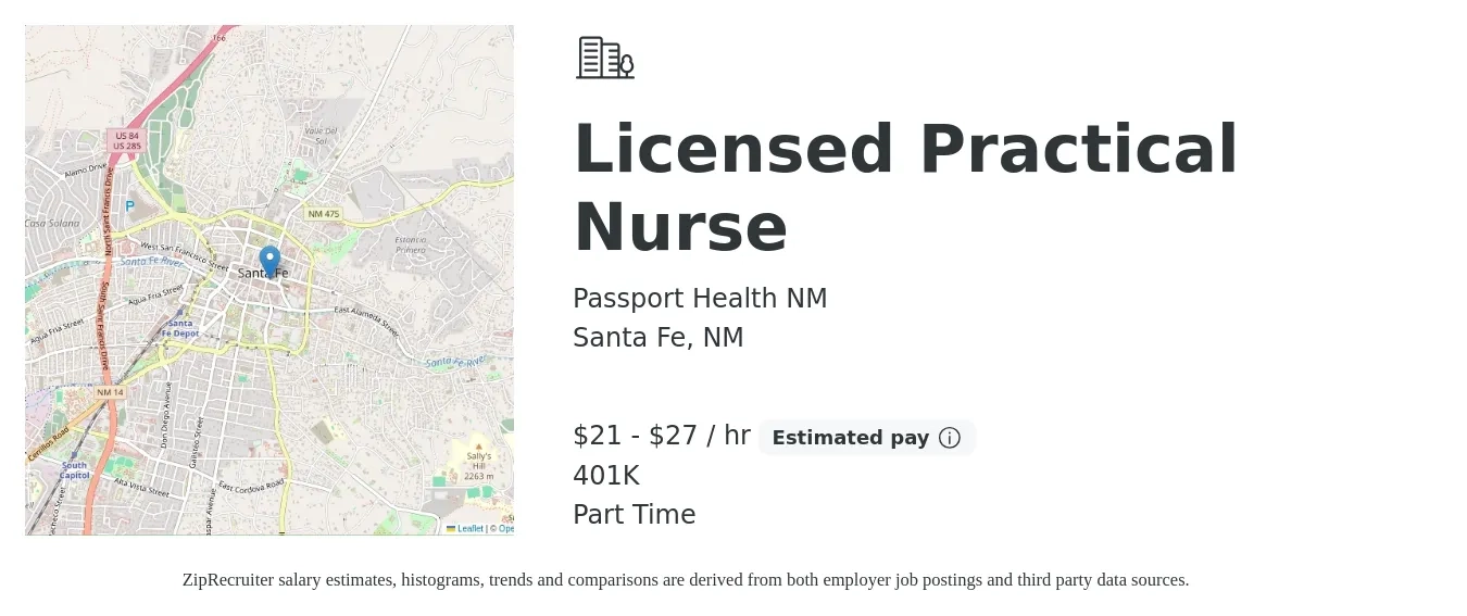 Passport Health NM job posting for a Licensed Practical Nurse in Santa Fe, NM with a salary of $22 to $29 Hourly and benefits including 401k with a map of Santa Fe location.