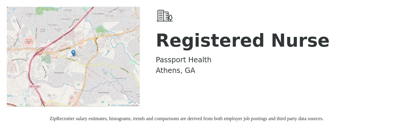 Passport Health job posting for a Registered Nurse in Athens, GA with a salary of $39 to $41 Hourly with a map of Athens location.