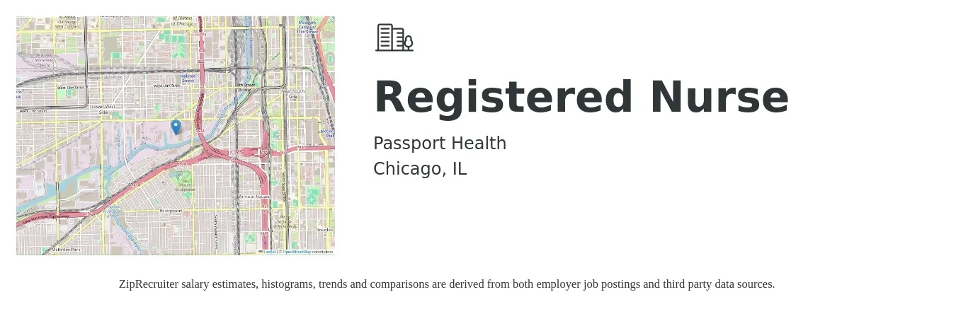 Passport Health job posting for a Registered Nurse in Chicago, IL with a salary of $37 to $39 Hourly with a map of Chicago location.