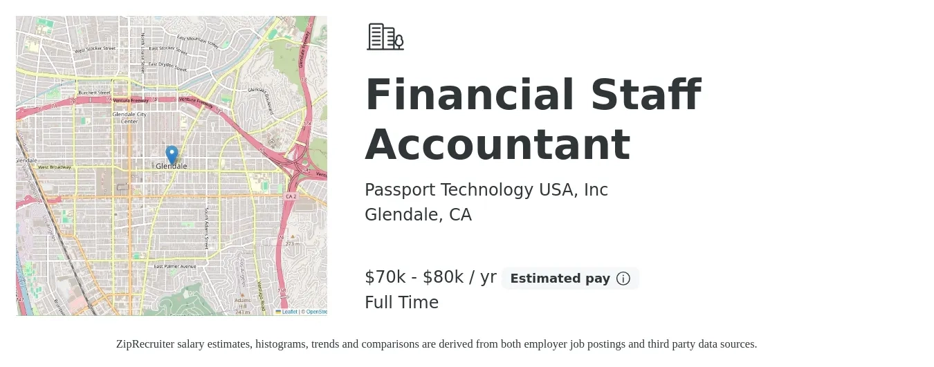 Passport Technology USA, Inc job posting for a Financial Staff Accountant in Glendale, CA with a salary of $70,000 to $80,000 Yearly with a map of Glendale location.
