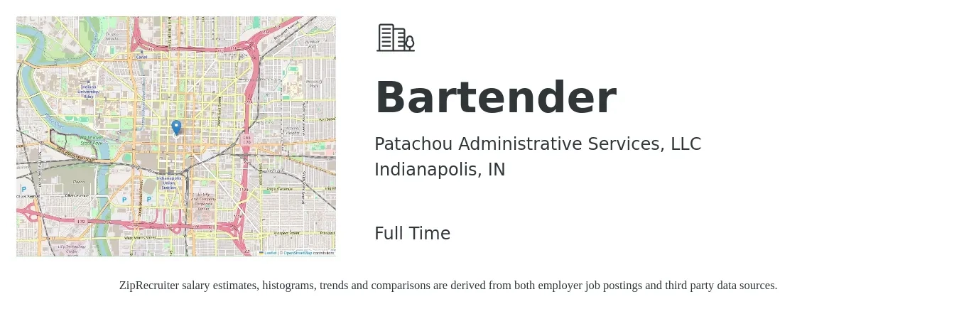 Patachou Administrative Services, LLC job posting for a Bartender in Indianapolis, IN with a salary of $9 to $17 Hourly with a map of Indianapolis location.