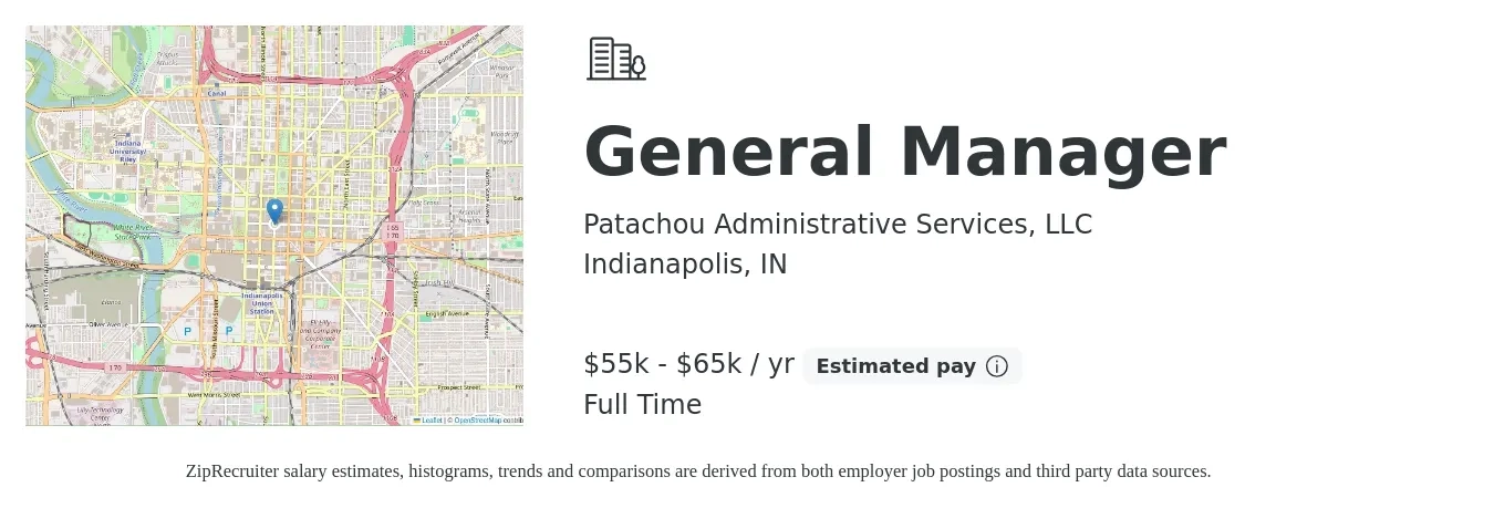 Patachou Administrative Services, LLC job posting for a General Manager in Indianapolis, IN with a salary of $55,000 to $65,000 Yearly with a map of Indianapolis location.