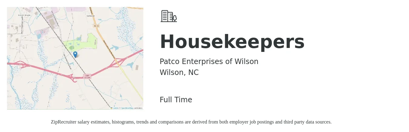 Patco Enterprises of Wilson job posting for a Housekeepers in Wilson, NC with a salary of $13 to $17 Hourly with a map of Wilson location.