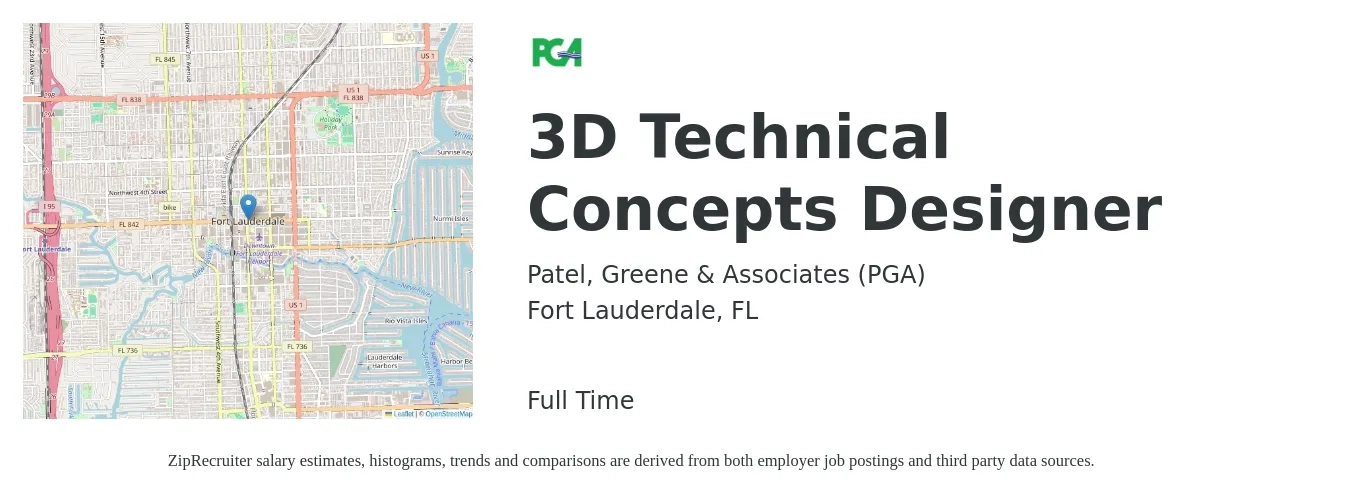 Patel, Greene & Associates (PGA) job posting for a 3D Technical Concepts Designer in Fort Lauderdale, FL with a salary of $20 to $36 Hourly with a map of Fort Lauderdale location.