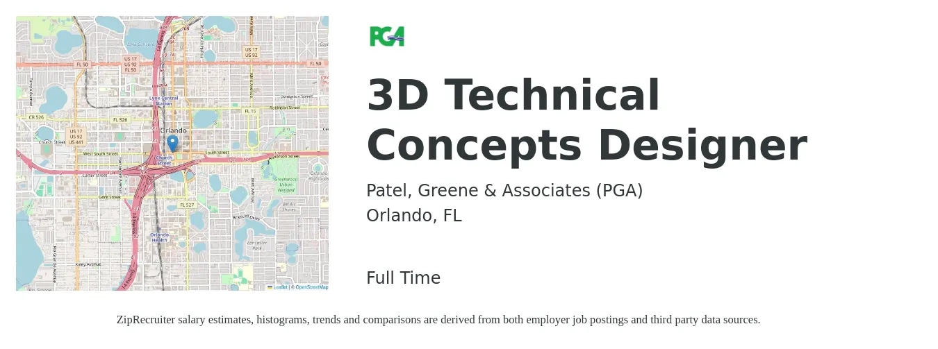 Patel, Greene & Associates (PGA) job posting for a 3D Technical Concepts Designer in Orlando, FL with a salary of $19 to $35 Hourly with a map of Orlando location.