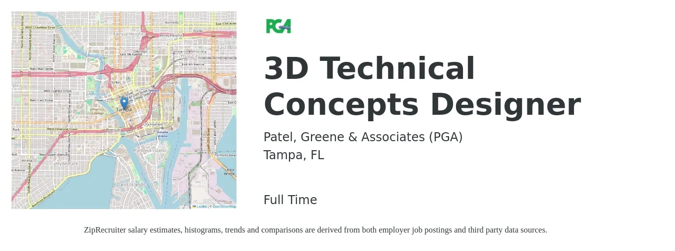 Patel, Greene & Associates (PGA) job posting for a 3D Technical Concepts Designer in Tampa, FL with a salary of $20 to $36 Hourly with a map of Tampa location.