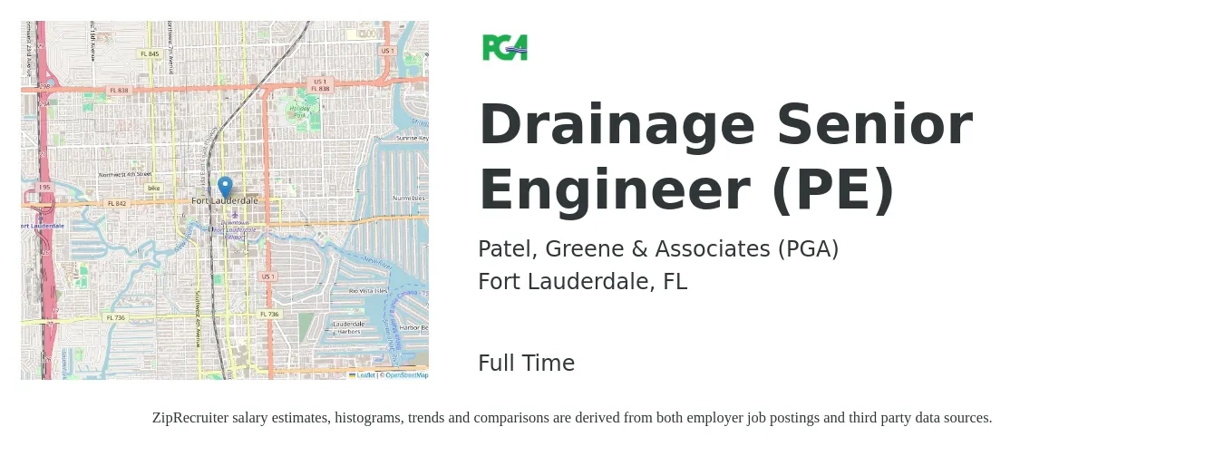 Patel, Greene & Associates (PGA) job posting for a Drainage Senior Engineer (PE) in Fort Lauderdale, FL with a salary of $99,900 to $137,200 Yearly with a map of Fort Lauderdale location.