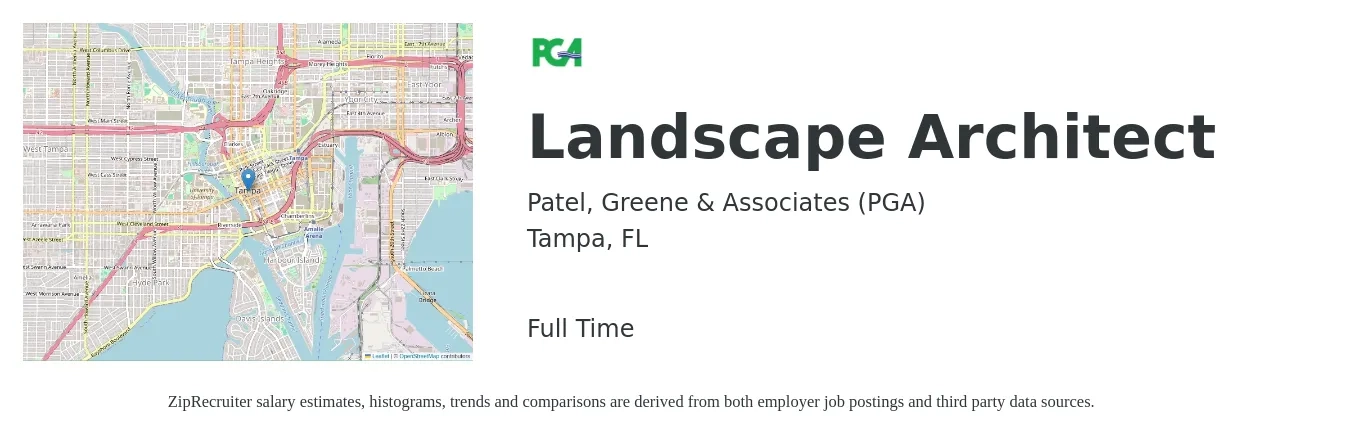 Patel, Greene & Associates (PGA) job posting for a Landscape Architect in Tampa, FL with a salary of $65,200 to $89,800 Yearly with a map of Tampa location.