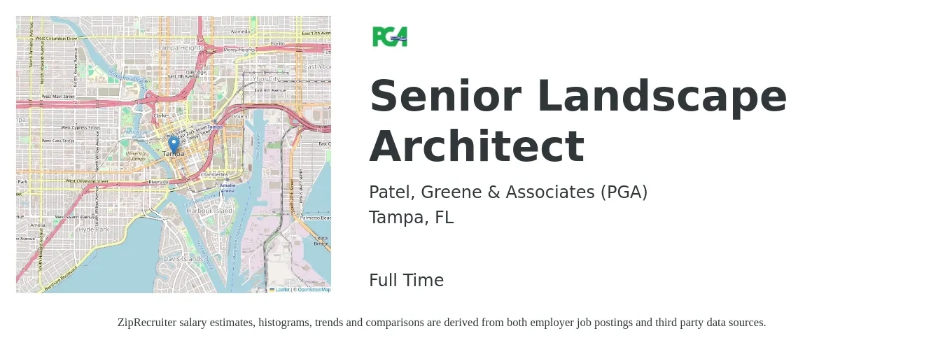 Patel, Greene & Associates (PGA) job posting for a Senior Landscape Architect in Tampa, FL with a salary of $85,100 to $113,400 Yearly with a map of Tampa location.