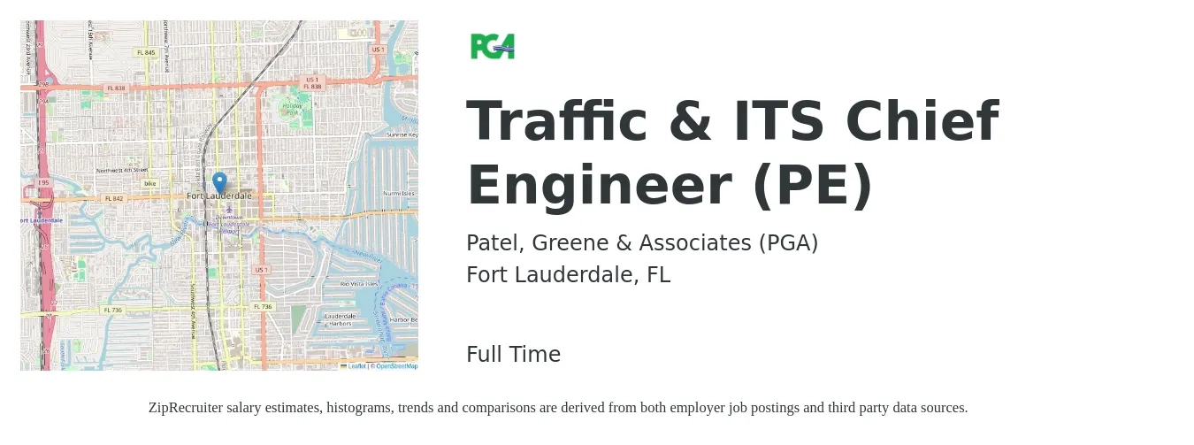 Patel, Greene & Associates (PGA) job posting for a Traffic & ITS Chief Engineer (PE) in Fort Lauderdale, FL with a salary of $56,400 to $114,700 Yearly with a map of Fort Lauderdale location.