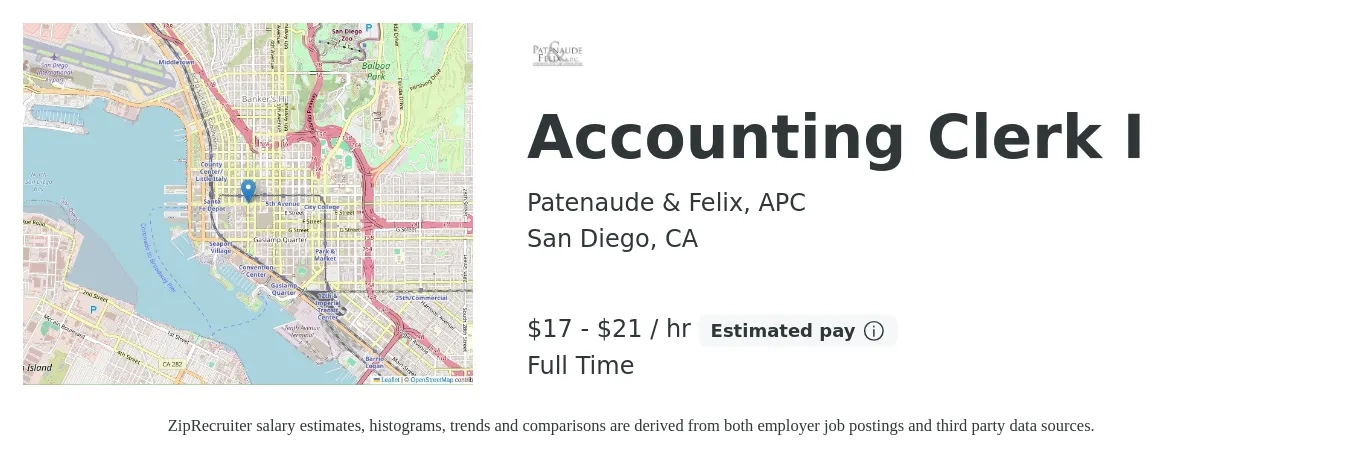 Patenaude & Felix, APC job posting for a Accounting Clerk I in San Diego, CA with a salary of $18 to $22 Hourly with a map of San Diego location.