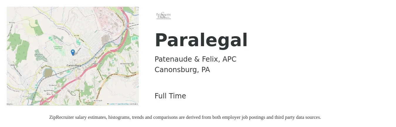 Patenaude & Felix, APC job posting for a Paralegal in Canonsburg, PA with a salary of $44,100 to $63,000 Yearly with a map of Canonsburg location.