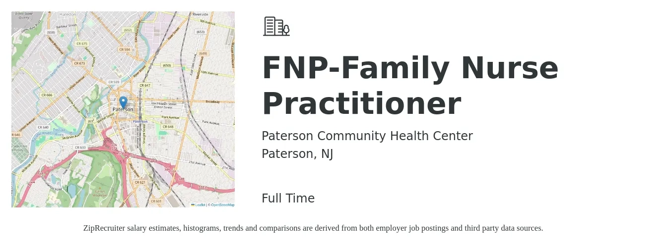 Paterson Community Health Center job posting for a FNP-Family Nurse Practitioner in Paterson, NJ with a salary of $112,100 to $142,100 Yearly with a map of Paterson location.