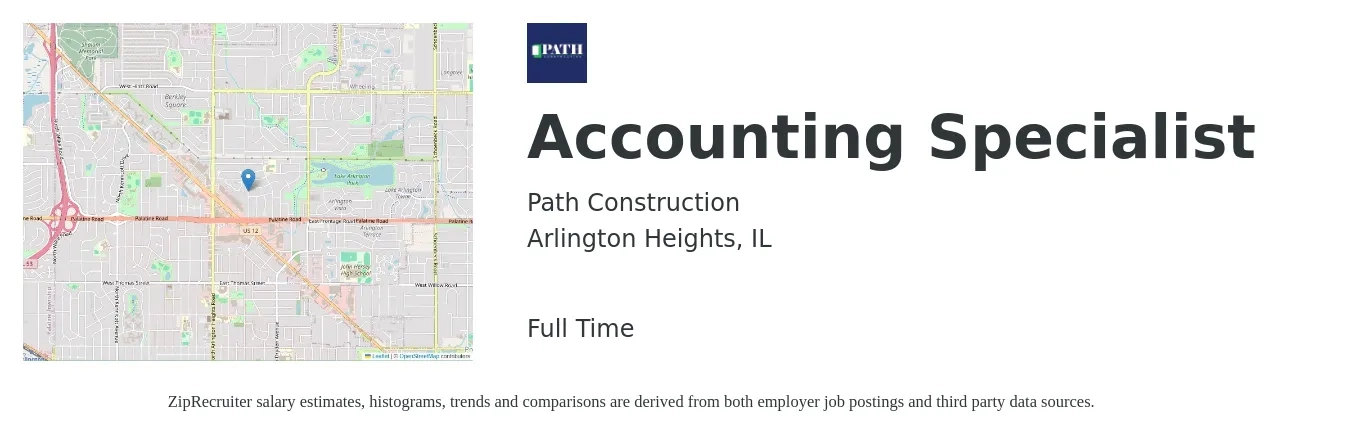 Path Construction job posting for a Accounting Specialist in Arlington Heights, IL with a salary of $21 to $29 Hourly with a map of Arlington Heights location.