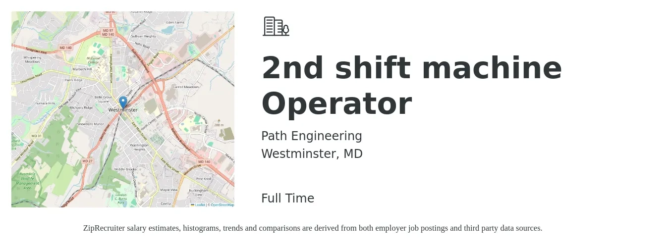 Path Engineering job posting for a 2nd shift machine Operator in Westminster, MD with a salary of $16 to $20 Hourly with a map of Westminster location.