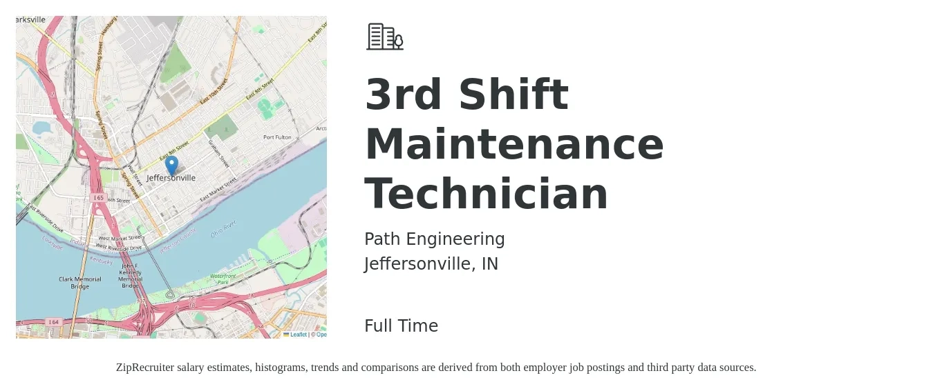 Path Engineering job posting for a 3rd Shift Maintenance Technician in Jeffersonville, IN with a salary of $24 to $30 Hourly with a map of Jeffersonville location.