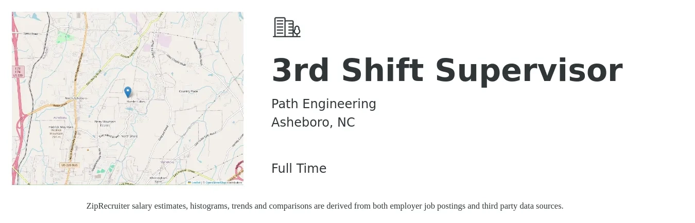 Path Engineering job posting for a 3rd Shift Supervisor in Asheboro, NC with a salary of $18 to $30 Hourly with a map of Asheboro location.