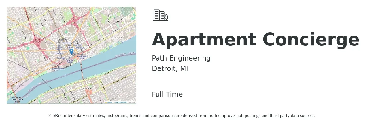 Path Engineering job posting for a Apartment Concierge in Detroit, MI with a salary of $15 to $20 Hourly with a map of Detroit location.