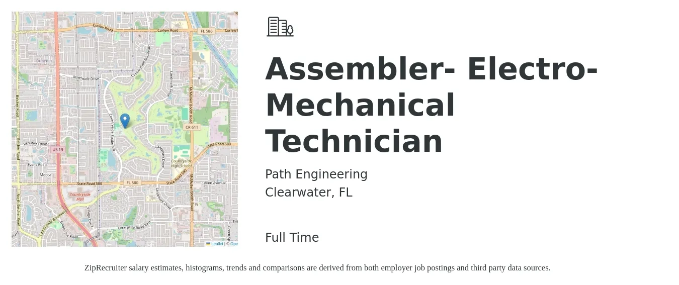 Path Engineering job posting for a Assembler ElectroMechanical Technician in Clearwater, FL with a salary of $18 to $22 Hourly with a map of Clearwater location.