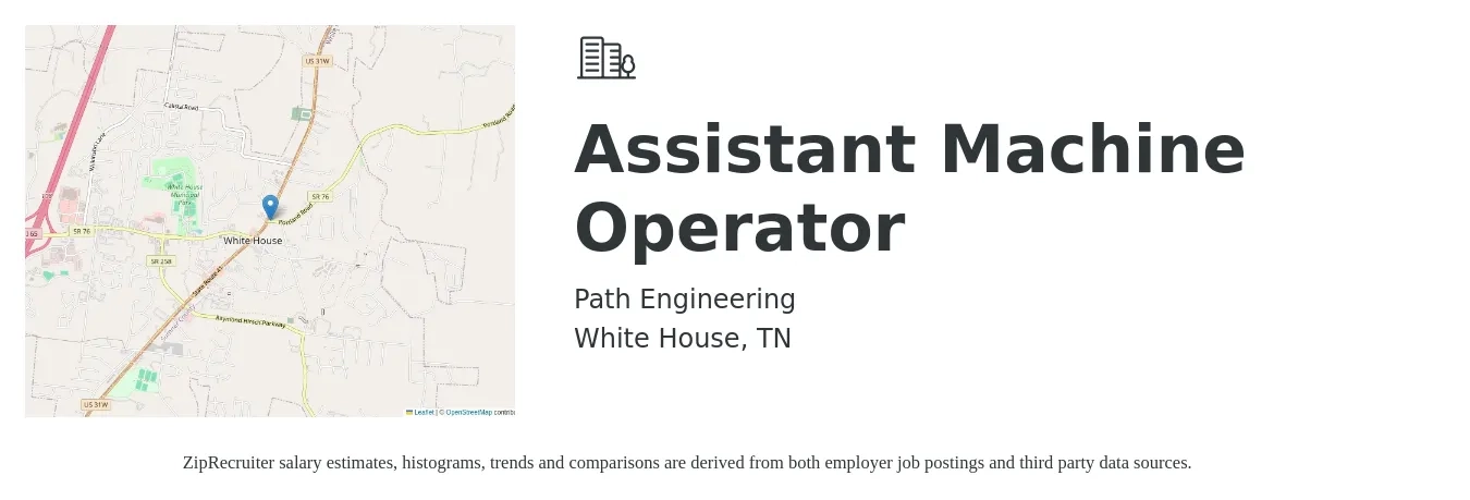 Path Engineering job posting for a Assistant Machine Operator in White House, TN with a salary of $19 to $22 Hourly with a map of White House location.