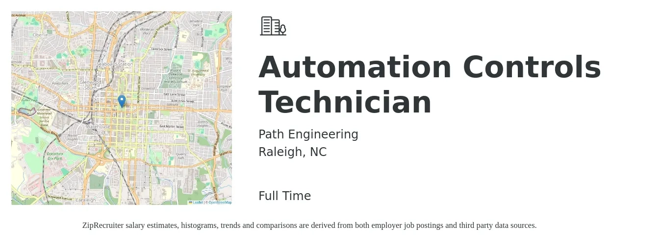 Path Engineering job posting for a Automation Controls Technician in Raleigh, NC with a salary of $81,200 to $107,400 Yearly with a map of Raleigh location.