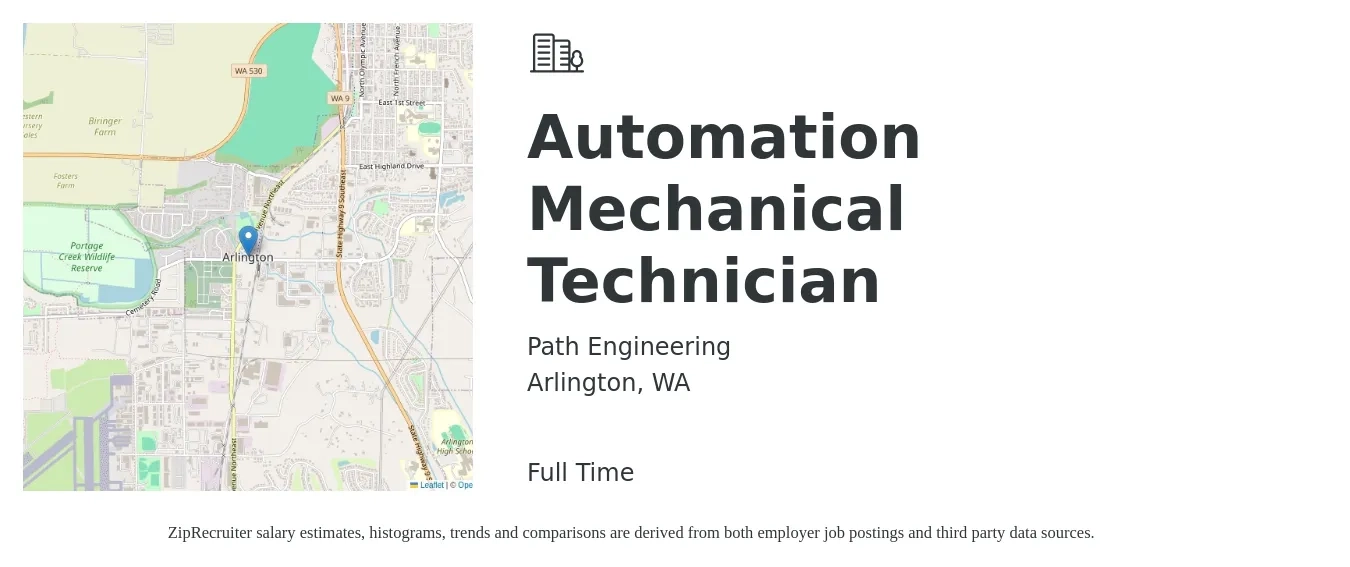 Path Engineering job posting for a Automation Mechanical Technician in Arlington, WA with a salary of $46,500 Yearly with a map of Arlington location.