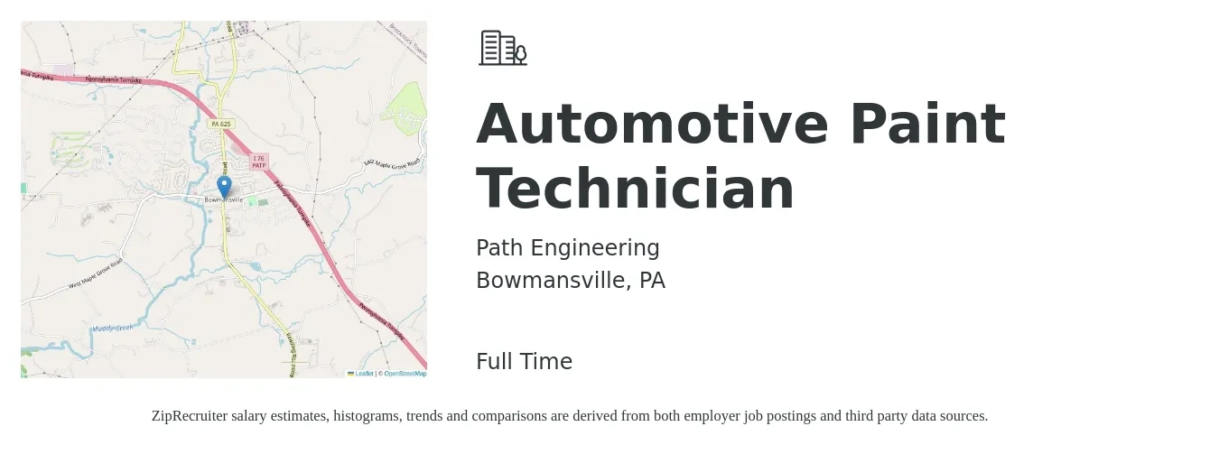 Path Engineering job posting for a Automotive Paint Technician in Bowmansville, PA with a salary of $18 to $29 Hourly with a map of Bowmansville location.