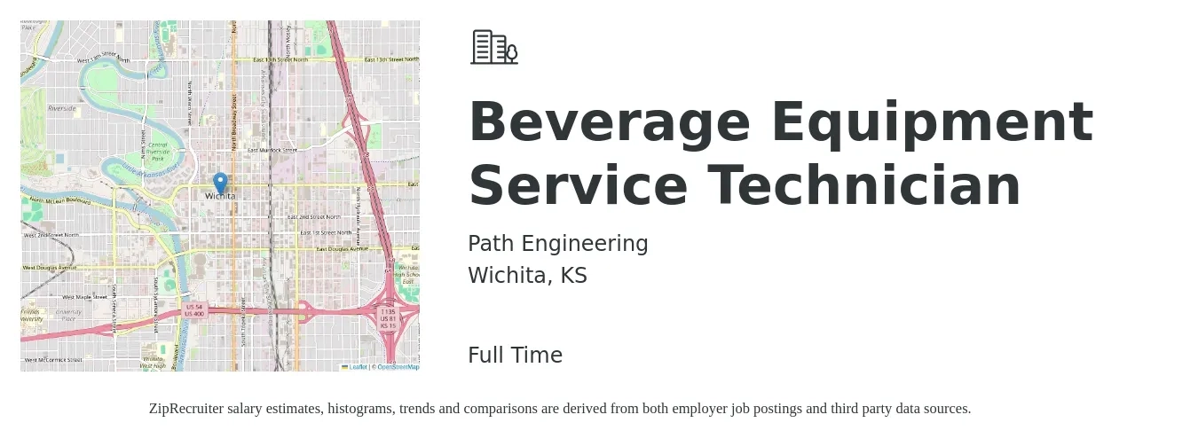 Path Engineering job posting for a Beverage Equipment Service Technician in Wichita, KS with a salary of $18 to $26 Hourly with a map of Wichita location.