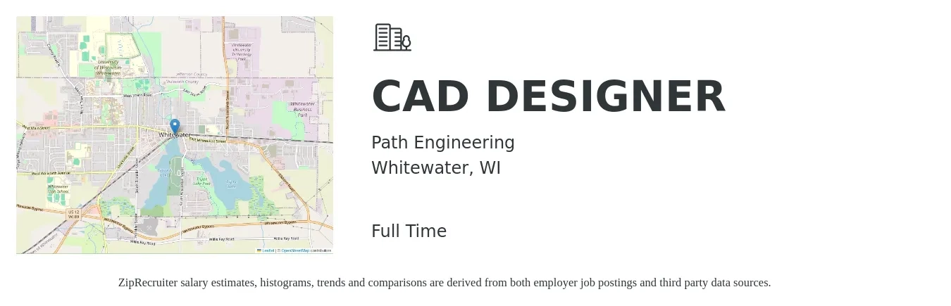 Path Engineering job posting for a CAD DESIGNER in Whitewater, WI with a salary of $26 to $37 Hourly with a map of Whitewater location.