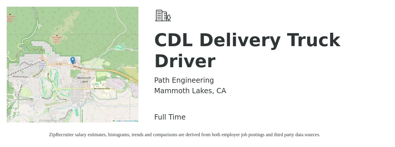 Path Engineering job posting for a CDL Delivery Truck Driver in Mammoth Lakes, CA with a salary of $30 Hourly with a map of Mammoth Lakes location.