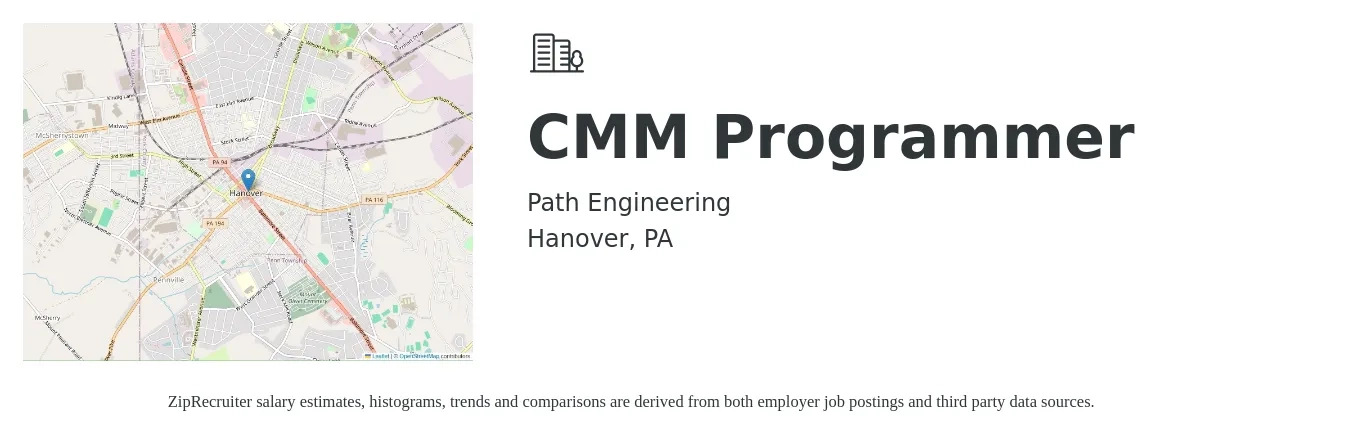 Path Engineering job posting for a CMM Programmer in Hanover, PA with a salary of $26 to $36 Hourly with a map of Hanover location.