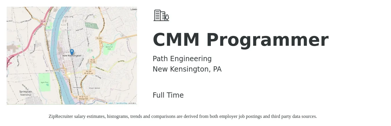 Path Engineering job posting for a CMM Programmer in New Kensington, PA with a salary of $24 to $34 Hourly with a map of New Kensington location.