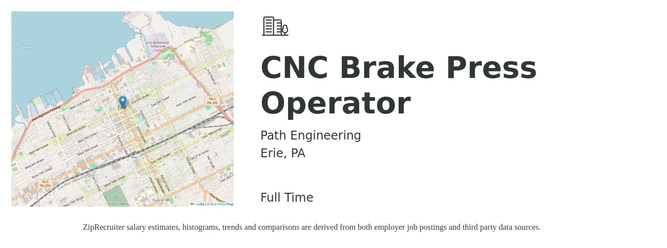 Path Engineering job posting for a CNC Brake Press Operator in Erie, PA with a salary of $18 to $24 Hourly with a map of Erie location.