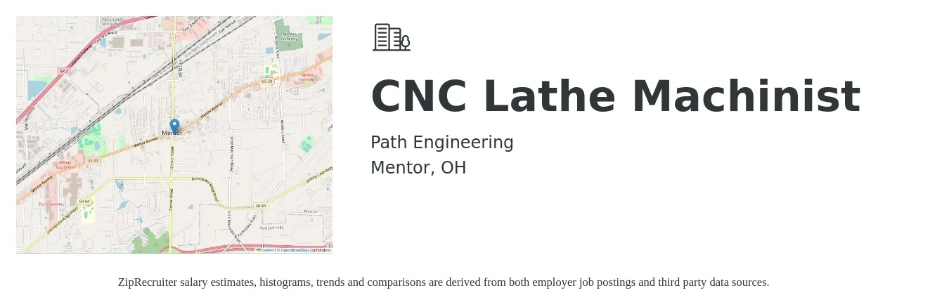 Path Engineering job posting for a CNC Lathe Machinist in Mentor, OH with a salary of $20 to $25 Hourly with a map of Mentor location.