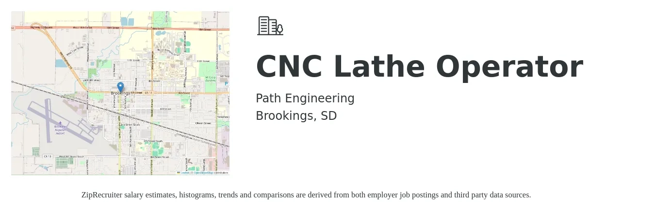 Path Engineering job posting for a CNC Lathe Operator in Brookings, SD with a salary of $20 to $26 Hourly with a map of Brookings location.