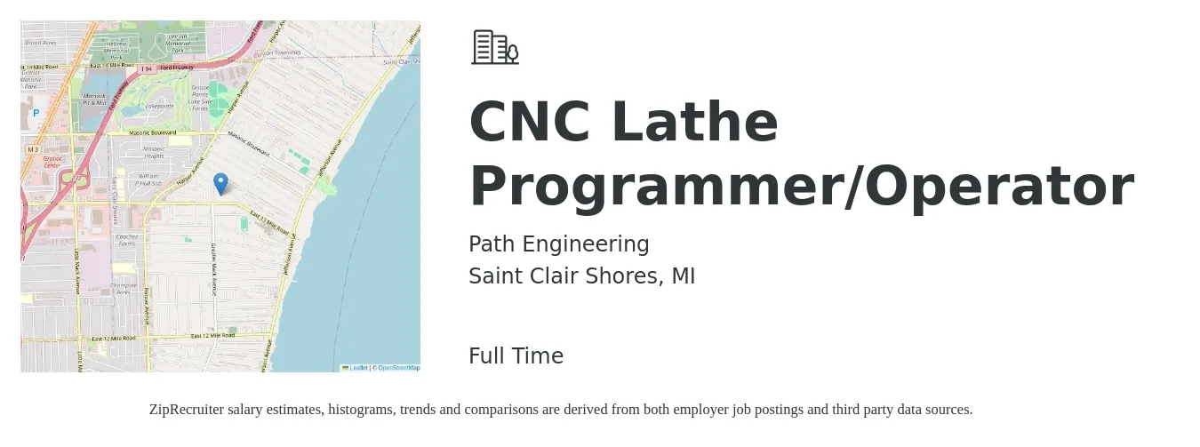 Path Engineering job posting for a CNC Lathe Programmer/Operator in Saint Clair Shores, MI with a salary of $23 to $32 Hourly with a map of Saint Clair Shores location.